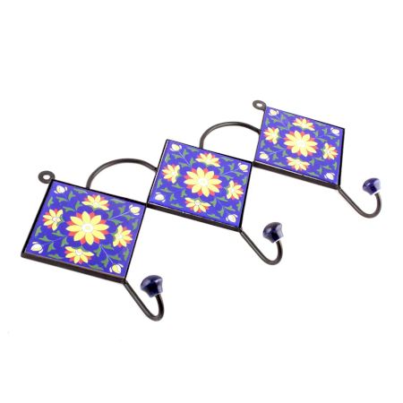 Navy Blue Yellow Sunflower Ceramic Tiles Hooks